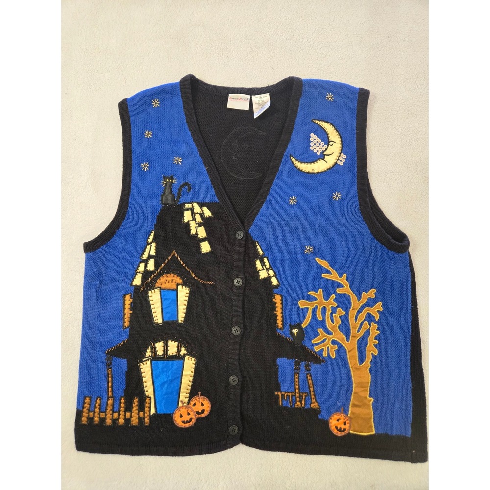 Vintage Y2K Halloween Sweater Vest XL Haunted House Black Cat Pumpkin Sequin